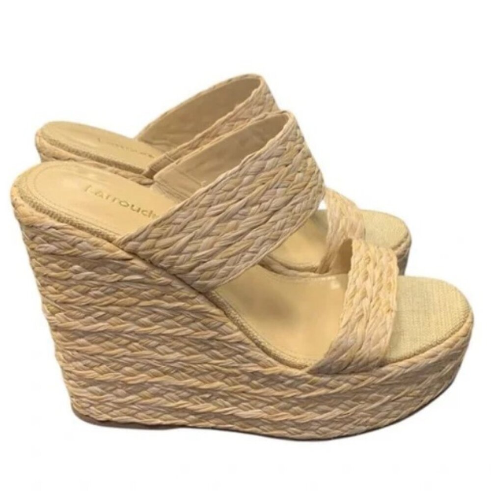 LARROUDE Pamela Wedge Natural Raffia Cushioned Slip-On Sandal Size 7 fits larger